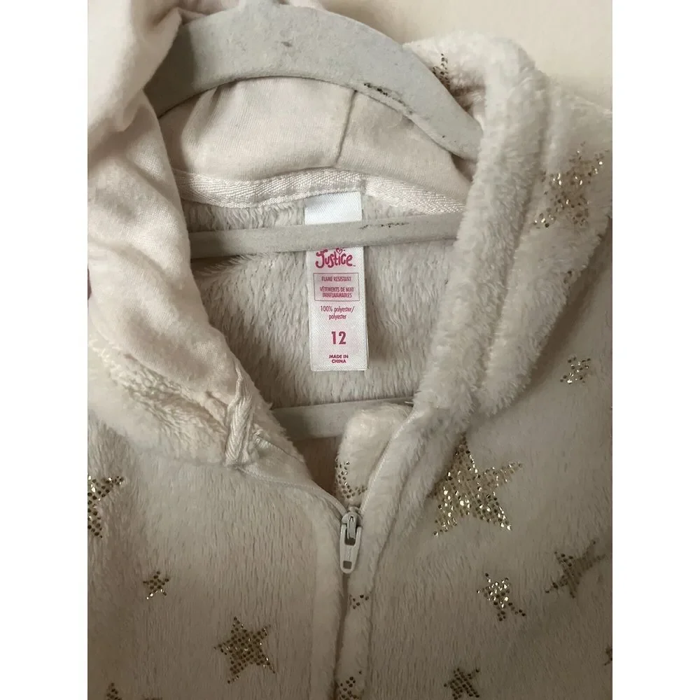 Justice Unicorn Hooded Fleece OnePiece 3D Detail Glitter Stars Wings Size‎ 12